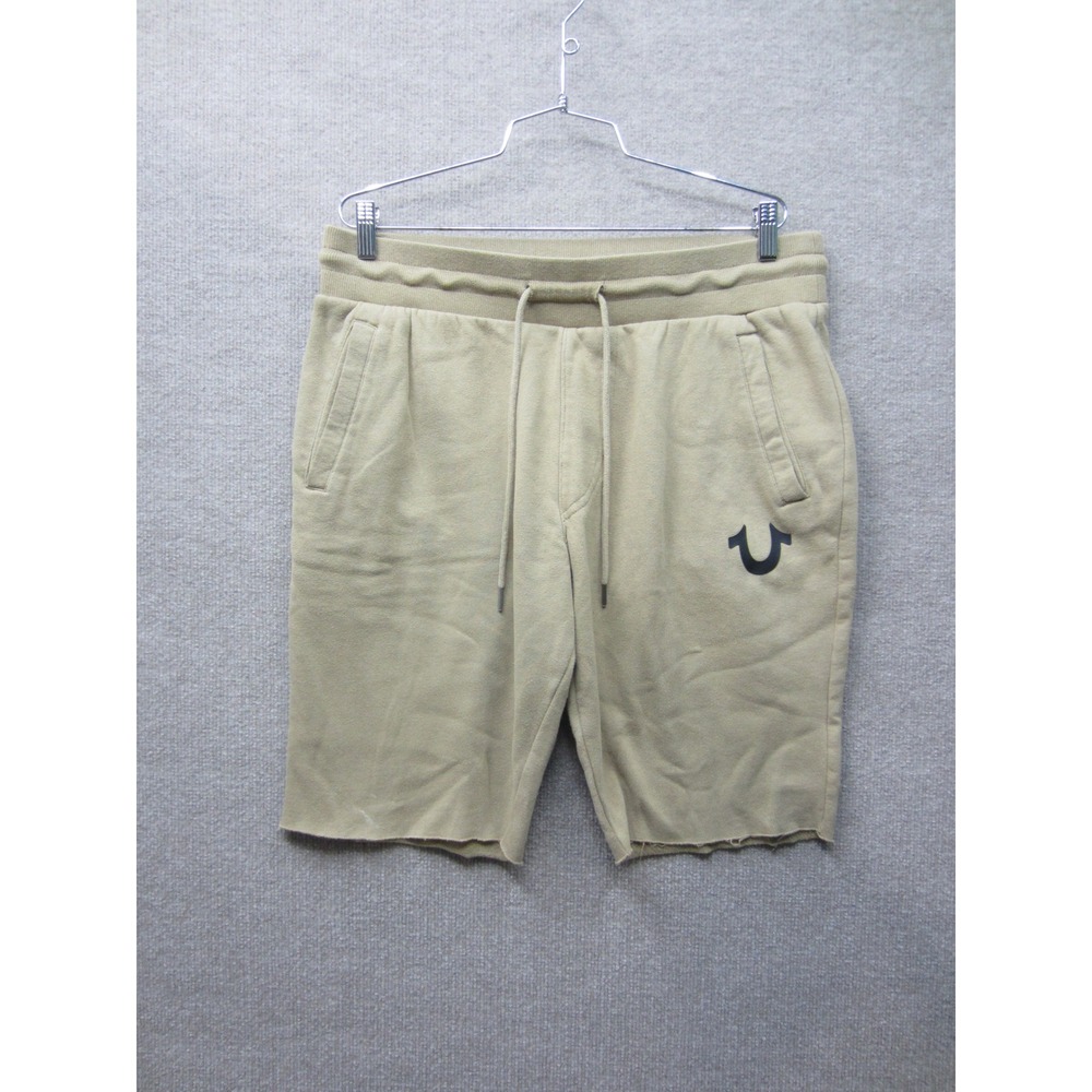 True Religion Mens Sweat Shorts Tan Khaki Horseshoe Logo Raw Hem Fleece Size L